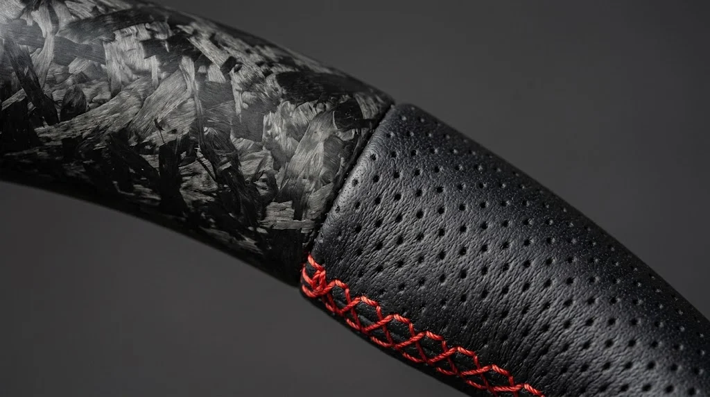 Close-up of matte forged carbon fiber, perforated black Nappa leather and red stitching on a VELMORA Mercedes-Benz A-Class steering wheel