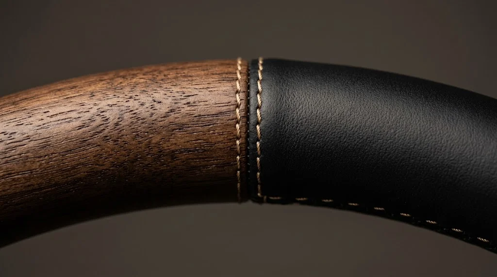 Close-up of open-pore dark walnut wood grain, black Nappa leather and champagne gold stitching on a VELMORA Mercedes S-Class steering wheel