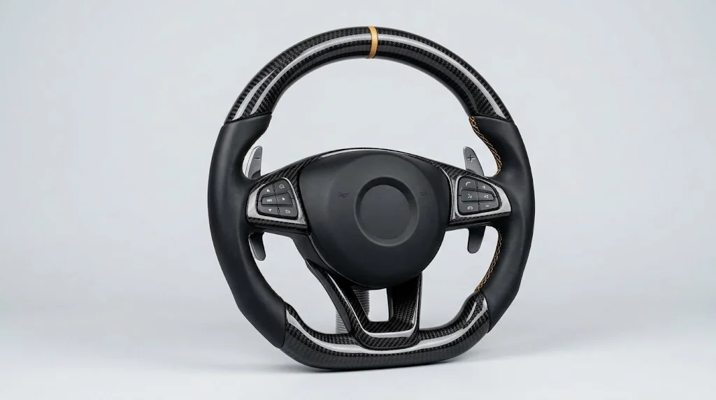 Studio product shot of a VELMORA custom gloss carbon fiber and black Nappa leather steering wheel for Mercedes-Benz C-Class W205 and W206