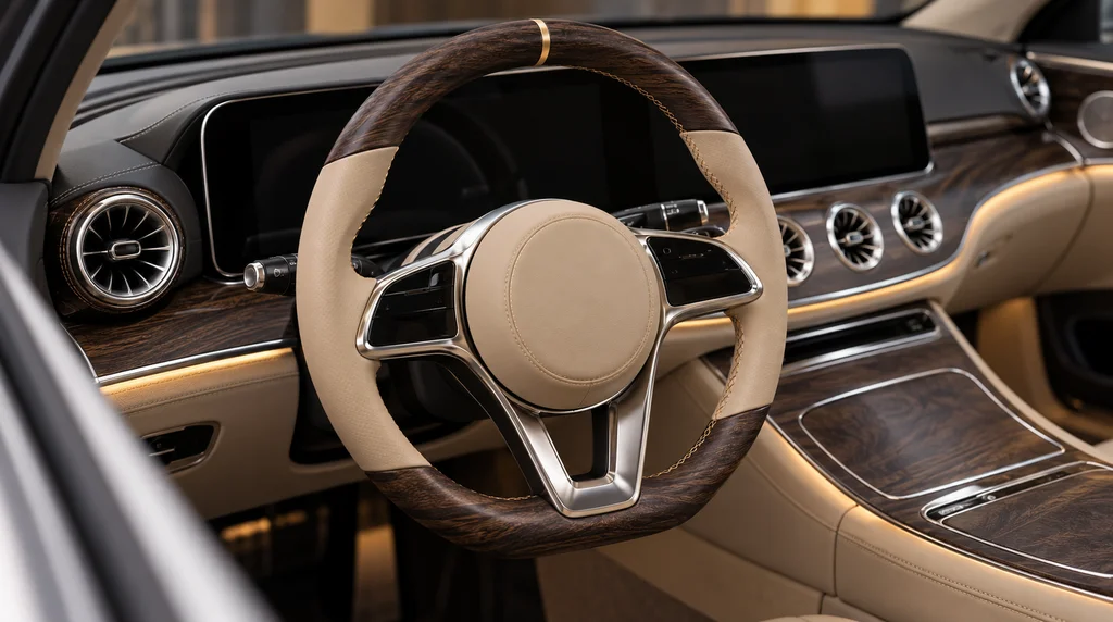 Interior view of a VELMORA custom steering wheel for Mercedes-Benz E-Class W213 and W214, with open-pore dark ash wood trim, beige macchiato Nappa leather grips and champagne gold stitching