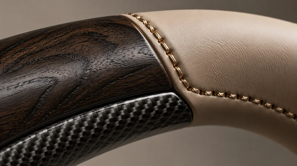 Close-up of open-pore dark ash wood grain, beige macchiato Nappa leather and champagne gold stitching on a VELMORA Mercedes E-Class steering wheel